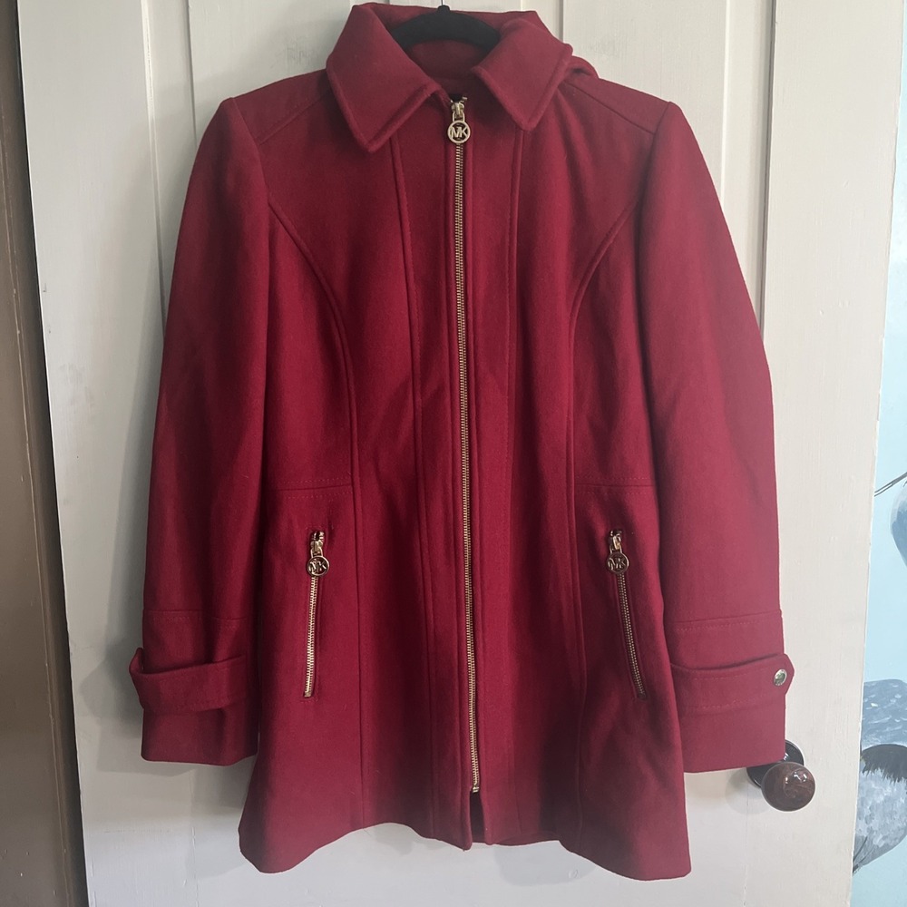 Michael Kors Red Wool Blend Detachable Hooded Zip Up Coat Women's Size 2P